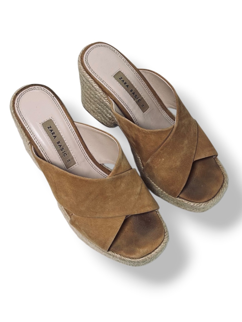 Zara Basic Tan Suede Espadrille Platform Mule Sandals Block Heel EU 36 US 6 - Picture 4 of 9